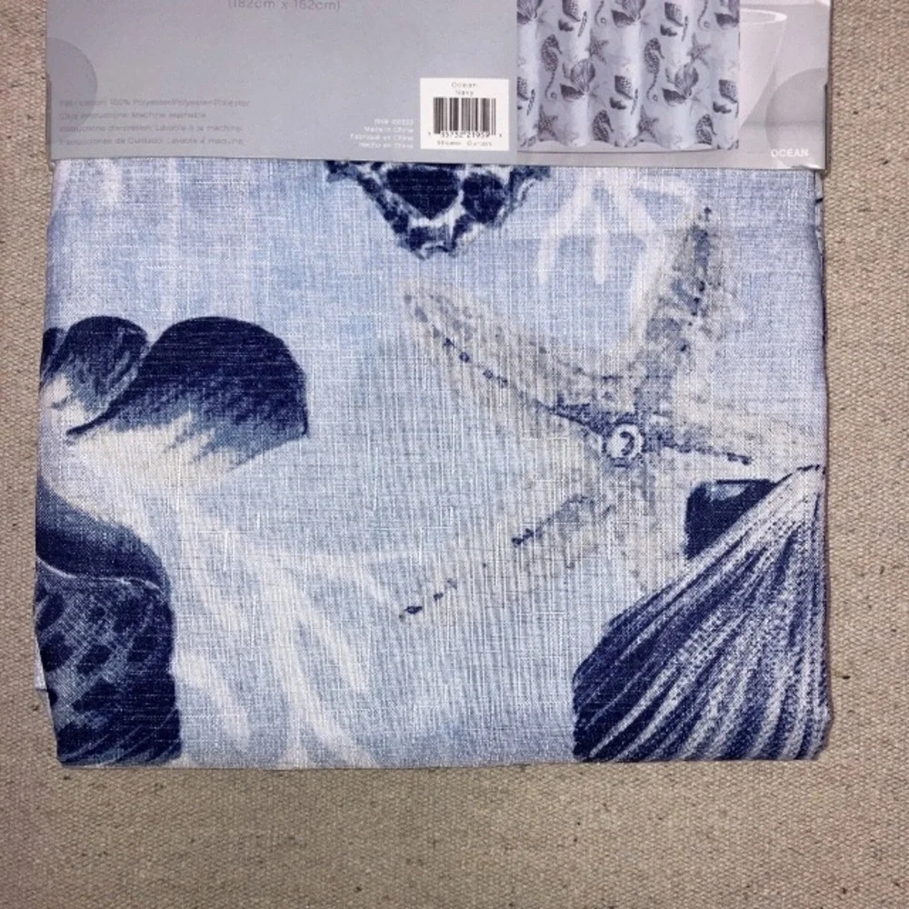 Hudson & Essex Blue Seashell Print Nautical Starfish Fabric Shower Curtain 72”